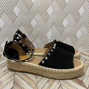 BellaMarie Black Suede Studded Espadrille Platform Sandals With Ankle Strap